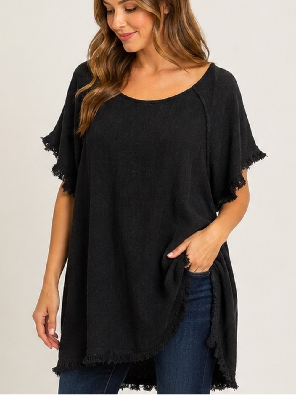 Umgee Black Fringe Tunic Top XL Boho Short Sleeve Tiered Babydoll